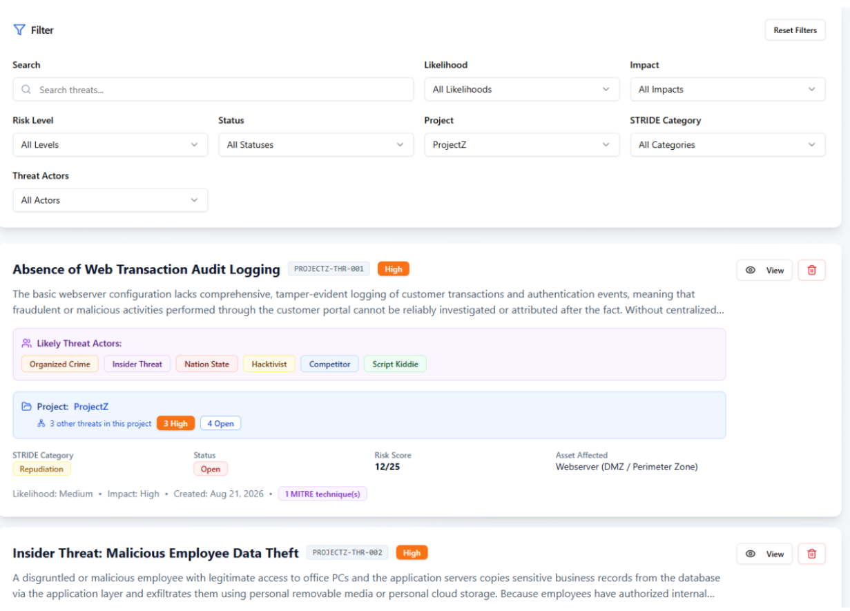 MadThreat threat detail view with filters, risk scoring, STRIDE categories and threat actor mapping